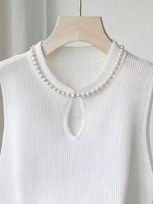 Franclia Women's Solid Color Pearl Decor Hollow Out Knit Camisole - White - View 5