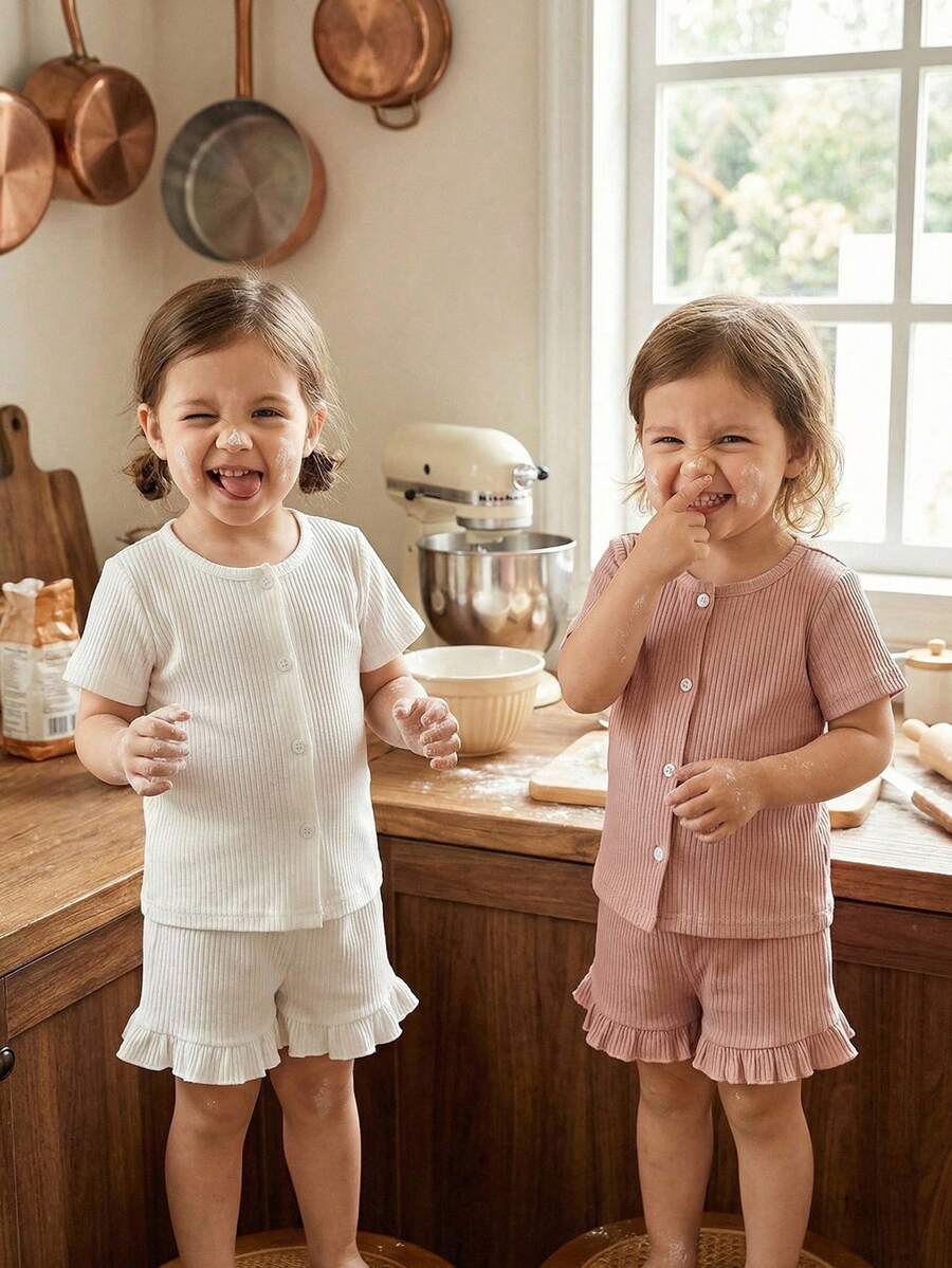 4-częściowy dziewczęcy, swobodny, prążkowany kardigan z okrągłym dekoltem i szorty, minimalistyczny, beżowo-różowy kolor o niskim nasyceniu - Wielokolorowe - Zobacz 1