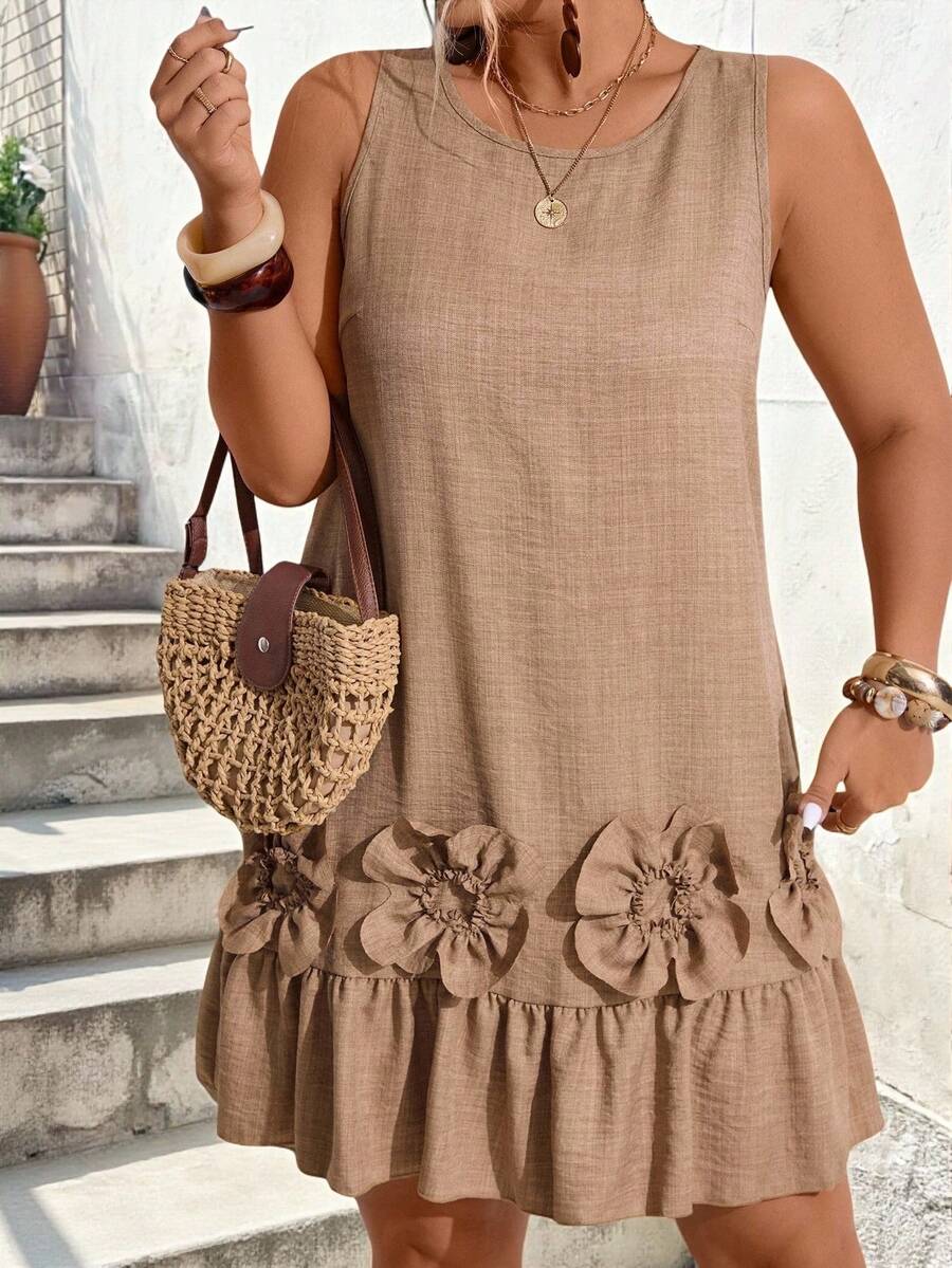 Breezaya Đầm cỡ lớn dáng đơn giản, cổ tròn, không tay, viền bèo nhún 3D. - Nhiều màu - Xem 1