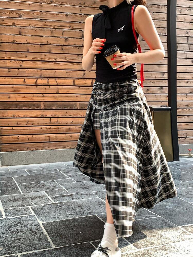 2pcs Women's Plaid Skirt + Bow Knit Camisole Top Set Summer