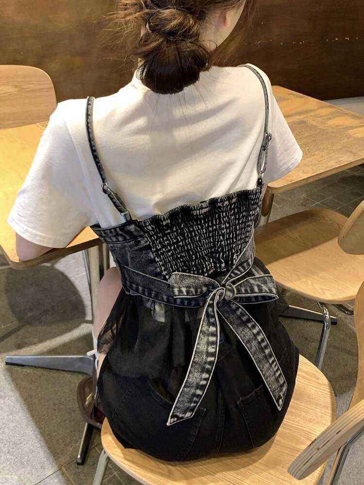 DAZY Áo hai dây denim phối lưới kiểu Hàn Quốc dành cho nữ, thích hợp mặc mùa hè. - Màu xanh lam - Xem 1