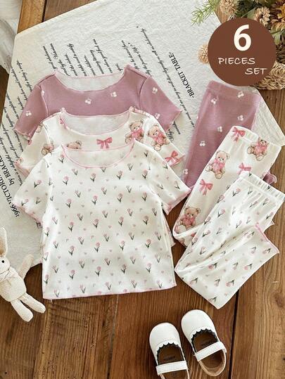 LMoss Kids LMoss   6pcs Baby Girl Knitted Bear & Ditsy Floral Round Neck T-Shirt And Pants Pajama Set