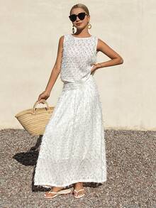 DAZY 2pcs/Set Textured White Sleeveless Feather Decor Vacation Outfit For Women - White - View 5