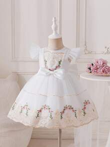 Glamorique Kids Baby Girls' Embroidered Lace Tulle Dress With Bow Decor, Puff Skirt, High-End Satin Baby Birthday Party Dress For Wedding, Travel, Banquet, Party Summer Elegant Baby Dress Elegant Toddler Dress Baby Garden Dress - Beige - View 5
