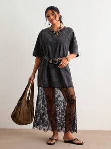 Freevana 波西米亚复古新款深色系做旧T恤连衣裙+蕾丝拼接连衣裙，休闲度假音乐节女式长裙 - 黑色 - 查看 7