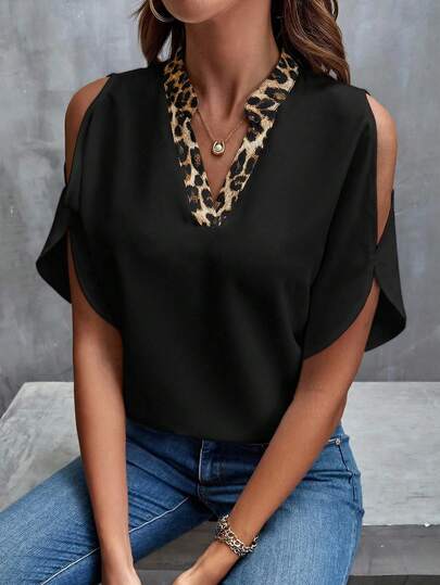 SHEIN Clasi Solid Cold Shoulder Batwing Sleeve Popover Blouse Off Shoulder Top, Office Outfits For Women, Work Outfits For Women, Office Wear Women, Black Top, Black Shirts, Suitable For Valentine's Day, Vacations,Casual Everyday Wear