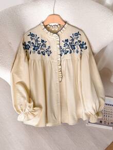 CosyJoli 大码荷叶边刺绣纽扣衬衫 波西米亚风衬衫 可爱女式衬衫 波西米亚风灯笼袖衬衫 西式衬衫 春季女装 春季女式衬衫 - 杏色 - 查看 3