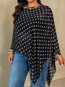 Auralis 大码女式波点印花不对称下摆宽松蝙蝠袖上衣/圆领方巾式披肩上衣/黑白波点薄纱飘逸休闲度假上衣/防晒上衣/长款上衣 - 黑與白 - 查看 5