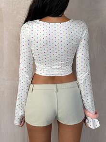 SHEIN Unity Camiseta de manga larga con volantes y estampado de lunares a la moda - Blanco - Ver 2