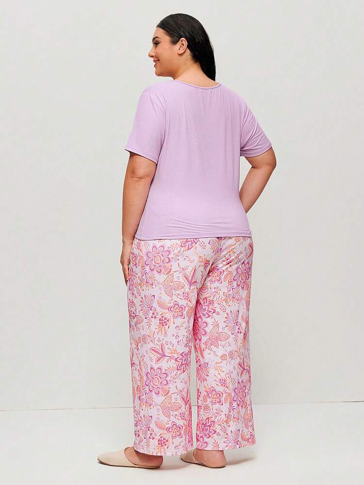 Plus Cotton Basic Henley T-Shirt & Patterned Pants PJ Set