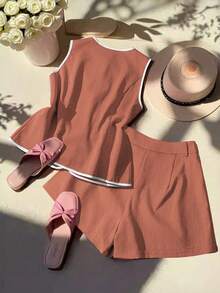 GlowEve 女士优雅撞色滚边玫红色两件套，夏季 - 亮橙色 - 查看 2