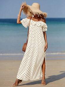Allurite Women's Polka Dot Print Ruffle Hem High Slit Dress - Multicolor - View 4