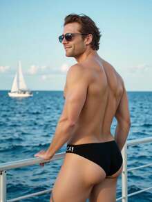Manfinity Swimmode 男士夏季海滩度假风字母印花黑色泳裤 - 黑色 - 查看 2