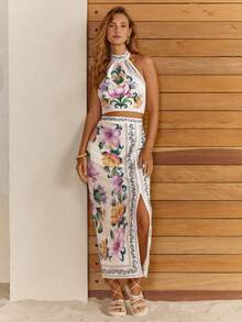 CAJUNI Women's Floral Print Halter Top And Long Fitted Skirt Vacation Suit - Mauve Purple - View 3