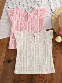 2 Piece Set Toddler Girl Tween Girls Outfit Sweet Y2K Style Pink White Diamond Cable Knit Flutter Ruffle Cap Sleeve Soft Thick Tops Shirts Blusas Summer Clothes Tops Daily Vacation Beach Wear For Spring Summer - Multicolor - View 2