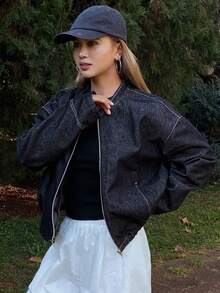 Livesso 女士宽松休闲牛仔夹克，立领设计 - 藍色 - 查看 3