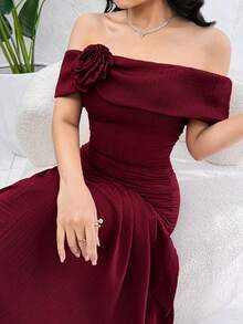 Feyla Elegant Off-Shoulder 3D Floral Dress For Women - Dark Red - View 3