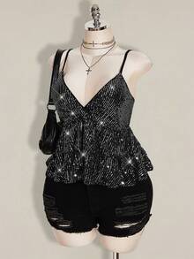 SHEIN ICON Plus Size Fashionable Party Sequin Ruffle Hem Camisole, Summer Tops - Silver - View 9