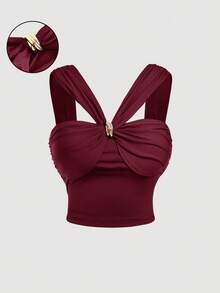 SHEIN MOD Áo thun đen cổ chữ V đính kim loại cỡ lớn, phong cách hippie, streetwear, Coachella, gợi cảm, thời trang thường ngày. - Màu Đỏ Sâu - Xem 2
