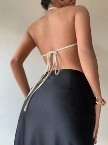 Aloruh 性感露背缎面吊带衫 - 杏色 - 查看 2