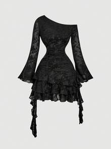 SHEIN MOD Đầm nữ màu trơn xếp nếp lệch vai - màu đen - Xem 1