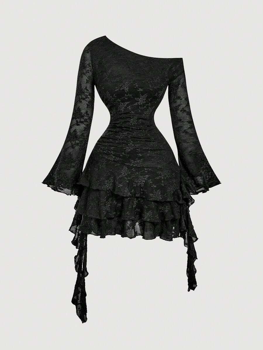 SHEIN MOD Đầm nữ màu trơn xếp nếp lệch vai - màu đen - Xem 1