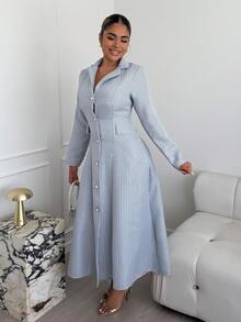 Maria Perezxox New Women Lapel Long Sleeve Faux Pocket Open Front A-Line Long Dress, Casual Resort Daily Versatile Youthful Elegant - Gray Blue - View 1