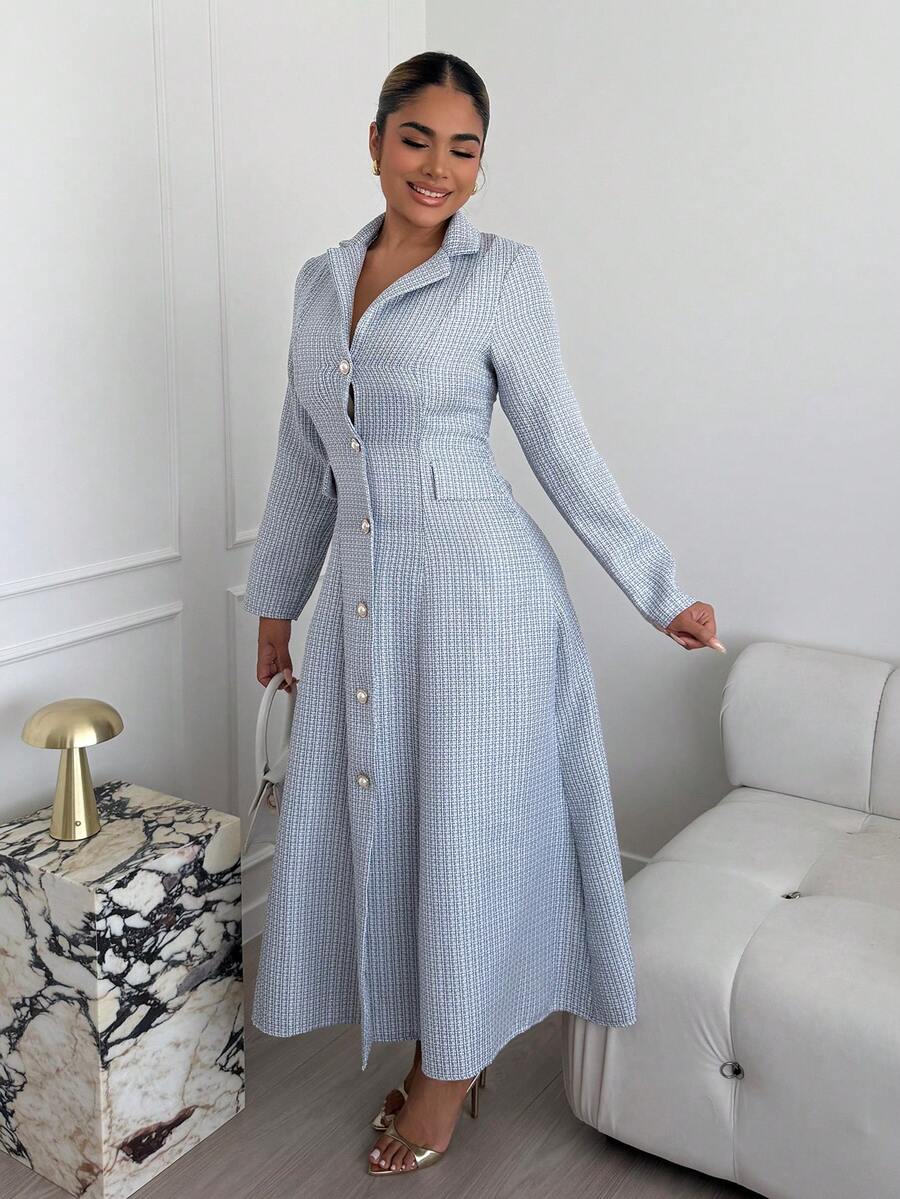 Maria Perezxox New Women Lapel Long Sleeve Faux Pocket Open Front A-Line Long Dress, Casual Resort Daily Versatile Youthful Elegant - Gray Blue - View 1
