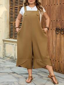 SHEIN CURVE+ Curve 尺码 US22 音乐节、海滨度假、波西米亚风女士黑色连体裤，配有可调节肩带、纽扣闭合和开衩裤腿口袋，适合春季穿着。 - 卡其色 - 查看 6
