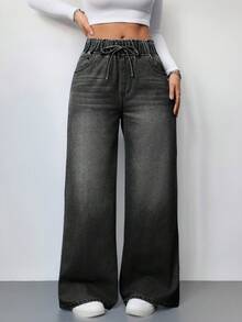SHEIN Tall Women's Jeans Casual High Waist Wide Leg Trousers Blue Women's Jeans Women's Summer Clothing Elastic Waistband Jeans Jeans Casual Loose Straight Pants Women's Summer Clothing Going Out Clothing Music Festival Clothing Tall Women's - Black - View 6