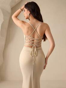 Coutiva Vestido de noche formal de mujer con espalda abierta, ajustado, con tirantes de espagueti y abertura lateral fruncida - Albaricoque - Ver 3