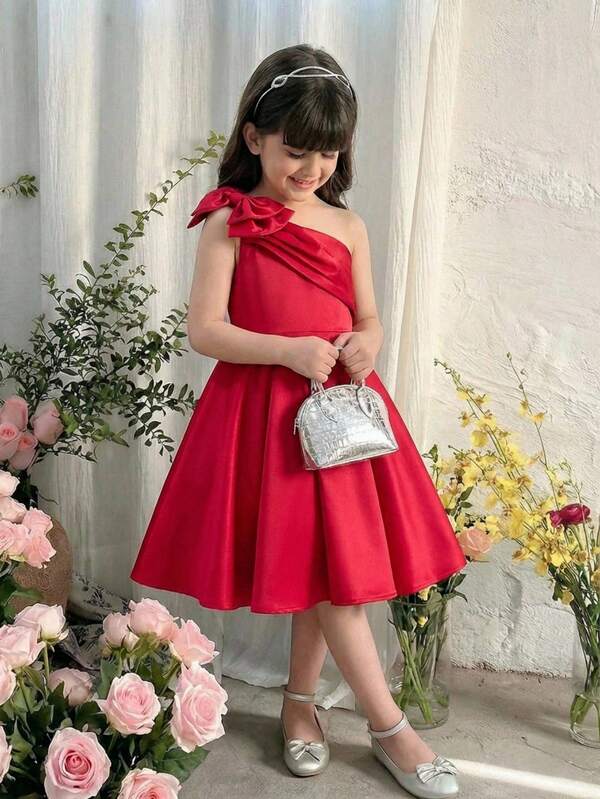 SHEIN Tween Girl Solid Color Sleeveless Dress With Bow Decor