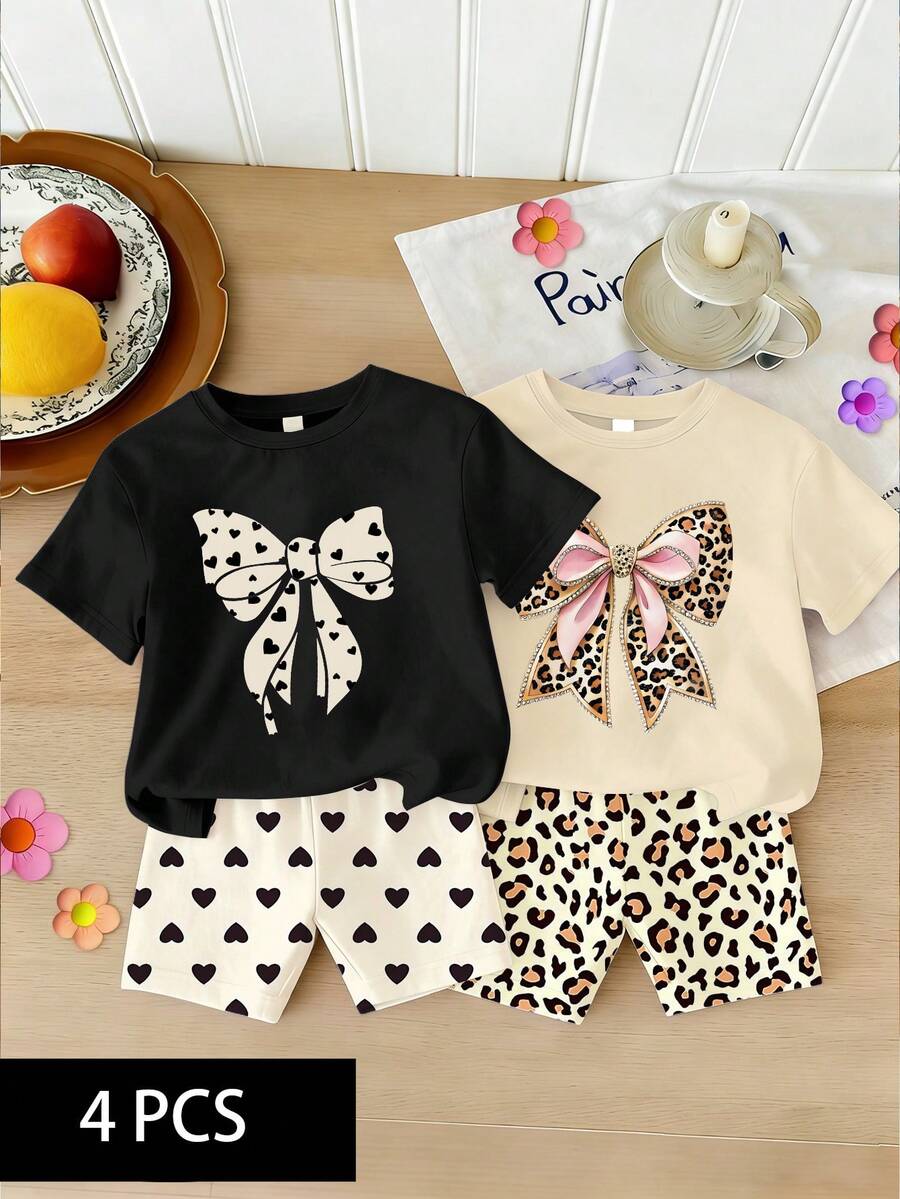 4pcs/Set Infant Toddler Unisex Cute Bow & Heart Print Round Neck T-Shirt Set, Baby Girls Daily Basic Outfit, Summer - Multicolor - View 1
