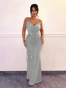 SHEIN SXY Đầm dự tiệc nữ màu trơn, cổ chữ V khoét sâu, hở lưng, dáng ôm, đuôi cá, dây mảnh, quyến rũ. - Bạc - Xem 4