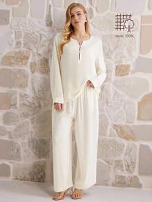Parysyn Bộ đồ đơn giản bằng vải cotton và lanh dệt kim cỡ lớn dành cho nữ. - Màu be - Xem 2