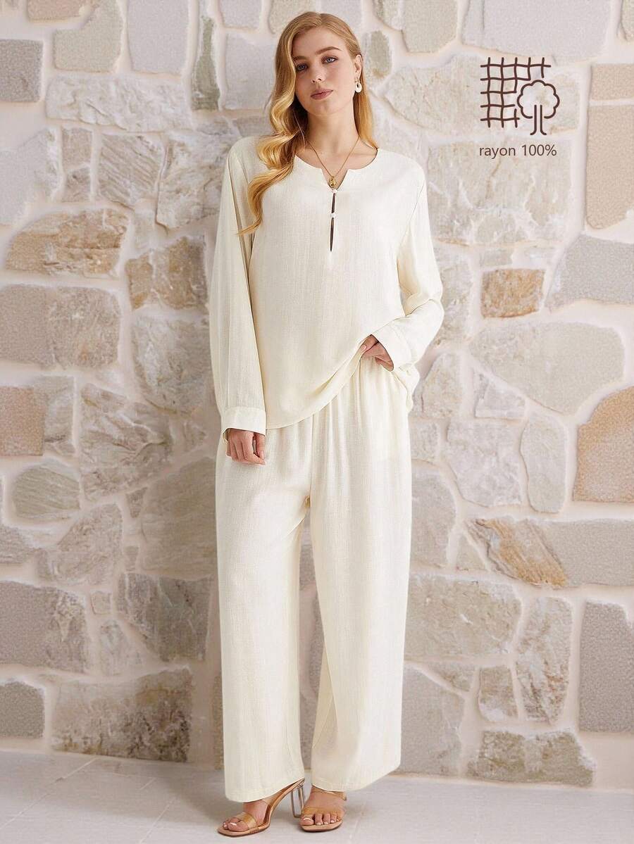 Parysyn Bộ đồ đơn giản bằng vải cotton và lanh dệt kim cỡ lớn dành cho nữ.