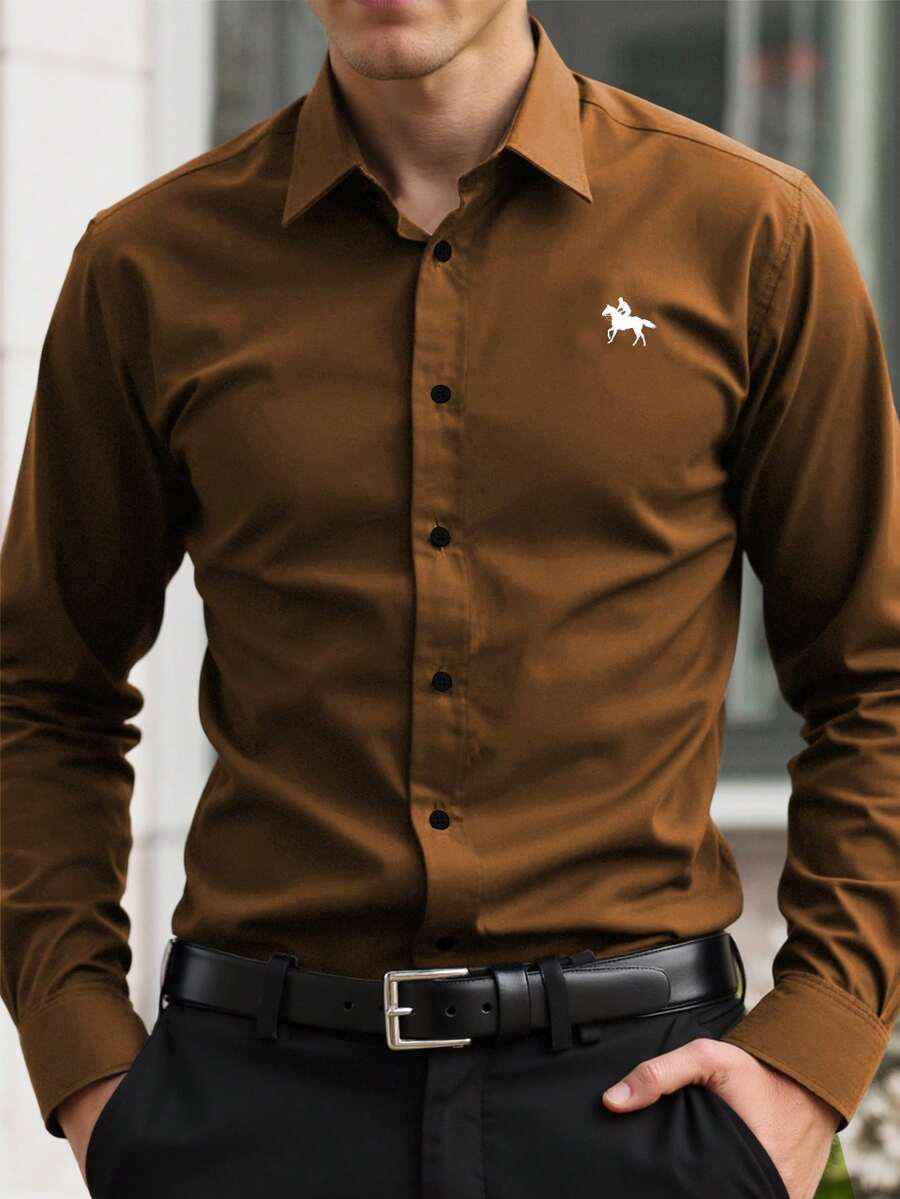 Manfinity Mode Men's Knight Print Single-Breasted Casual/Business Long Sleeve Shirt - Brown - View 1