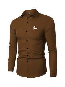 Manfinity Mode Men's Knight Print Single-Breasted Casual/Business Long Sleeve Shirt - Brown - View 4