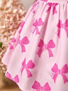 可爱女宝宝休闲简约粉色夏季连衣裙，饰有蝴蝶结图案。适合生日派对、聚会、演出、婚礼、洗礼、开幕式、日常穿着、上学、旅行以及春夏季节。夏季连衣裙、幼儿连衣裙、蝴蝶结连衣裙、幼儿粉色蝴蝶结连衣裙、蝴蝶结印花连衣裙、粉色幼儿连衣裙、2T粉色蝴蝶结连衣裙、婴儿泡泡袖连衣裙、粉色丝带连衣裙 - 粉色 - 查看 5