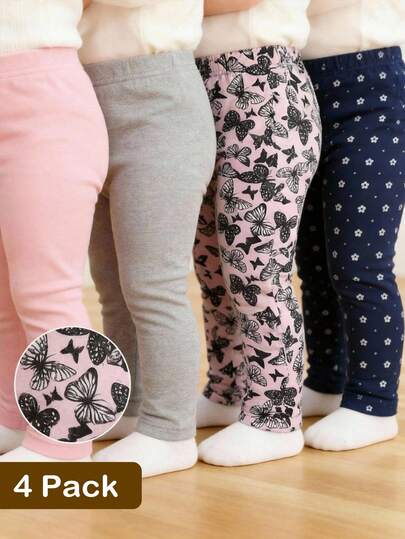 SHEIN Playful Pals 4 Pairs Baby/Baby GirlCasual Floral Print & Solid Color Leggings, Suitable For All Seasons