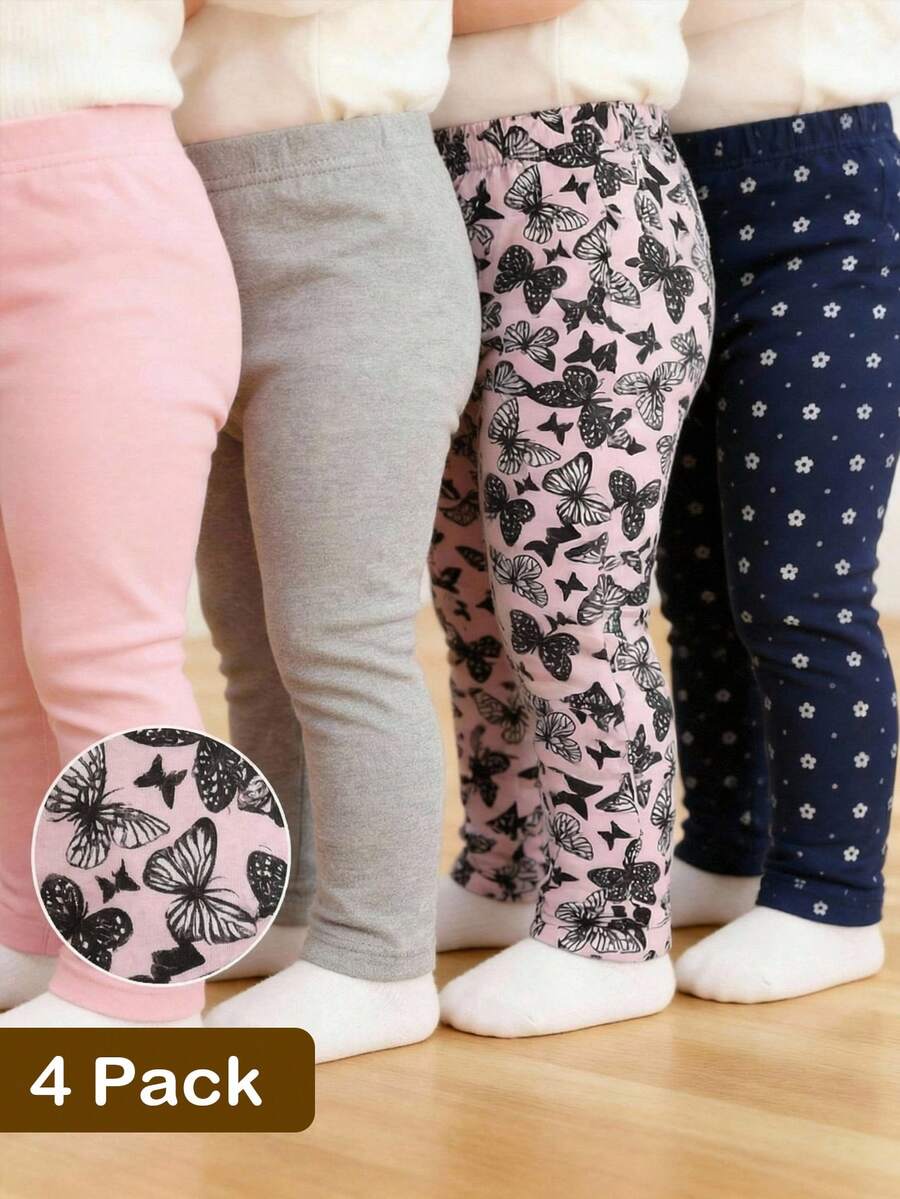 SHEIN Playful Pals 4条婴儿/女婴休闲碎花印花及纯色打底裤，适合所有季节