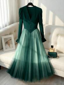 GlowEve 女士收腰A字网纱拼接圣诞假日优雅日常通勤时尚法式街头复古百搭新年商务绿色长袖连衣裙，秋冬款 - 墨綠色 - 查看 10