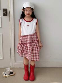 DAZY Young Girl Summer Letter Graphic Plaid Ruffle Hem Sleeveless Casual Dress - Multicolor - View 4