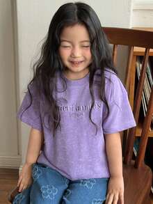 DAZY 女童字母刺绣圆领宽松休闲短袖T恤 - 紫色 - 查看 5