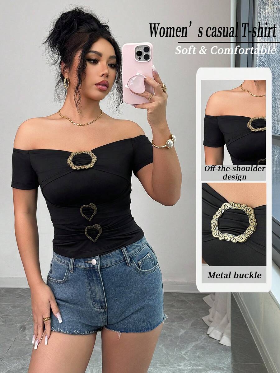 Selianne Women's Elegant Knit Black Off-Shoulder Metal Decor Button Short Sleeve Cropped Fitted T-Shirt,Summer Seksi Chic Night Out Streetwear Casual Party - Black - View 1