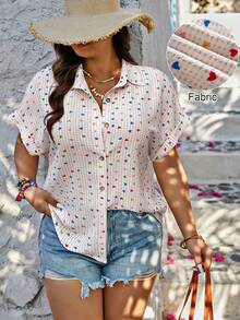 SHEIN LUNE 大码女式彩色爱心印花休闲度假衬衫，春夏款 - 彩色 - 查看 1