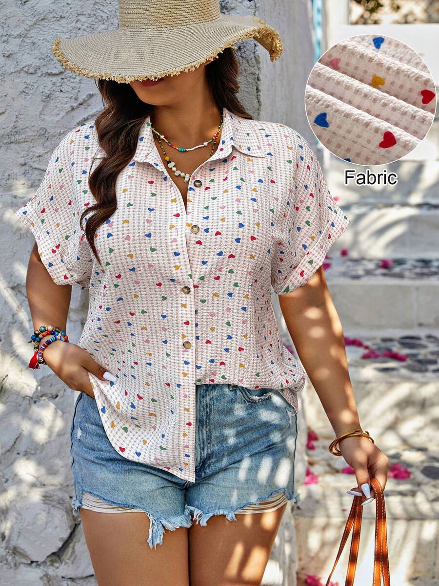 SHEIN LUNE 大码女式彩色爱心印花休闲度假衬衫，春夏款 - 彩色 - 查看 1