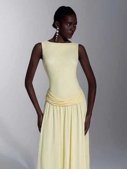 Elitara 优雅浪漫时尚的浅黄色弹力网纱面料船领无袖褶裥装饰A字型优雅派对礼服、婚礼宾客礼服、绿色礼服、时尚优雅伴娘礼服