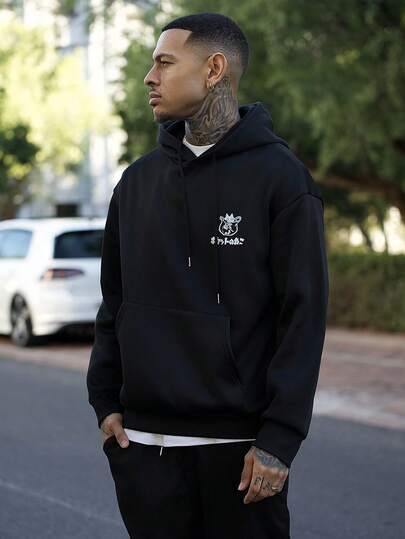 Devon Thys 男士休闲猫咪印花字母图案套头连帽衫，修身版型，适合运动、通勤、春秋季穿着。