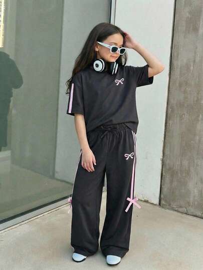 SHEIN Tween Girls' Casual Loose Comfortable Round Neck Short Sleeve T-Shirt And Pants Set